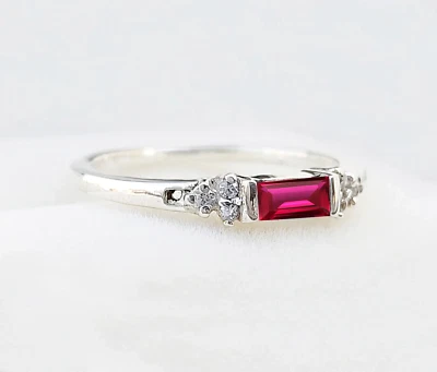 Dainty Baguette Ruby Ring, Minimalist Wedding Ring, 925 Silver Ring - Image 1 of 4