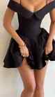 Black pleated women's mini A-line dress, women's off shoulder suspender dress