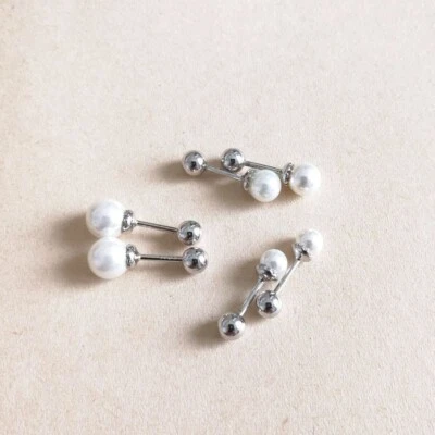 Conjunto de 3 brincos de prata esterlina com parafuso traseiro dupla face bola de pérola branca - Imagem 1 de 4
