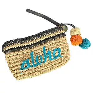 Made with ALOHA Cream Cornhusk Zipper Clutch Handbag Purse Wristlet Pom Poms - Picture 1 of 10