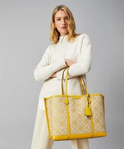 Tory Burch Perry T Monogram Goldfinch Yellow Triple-Compartment Tote - Picture 1 of 13