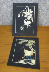 Lot of 2 - Asian Art Reed Grass Bamboo Black Silk Picture - Birds - Cranes - Picture 1 of 8