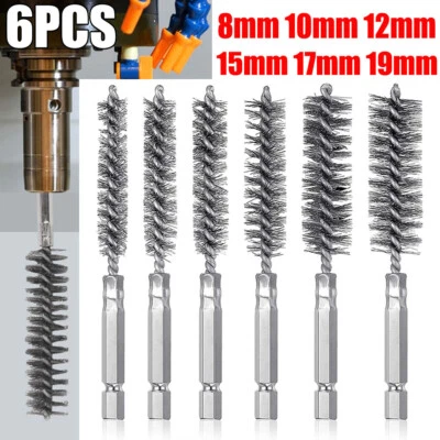 6 piezas cepillos de limpieza de orificios de acero inoxidable de vástago hexagonal de 1/4" 8-19 mm para taladro eléctrico Foto 1 de 4