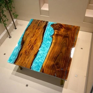 Square Blue Epoxy Resin Coffee Table Wooden Live Edge Handmade Furniture Decor - Picture 1 of 12