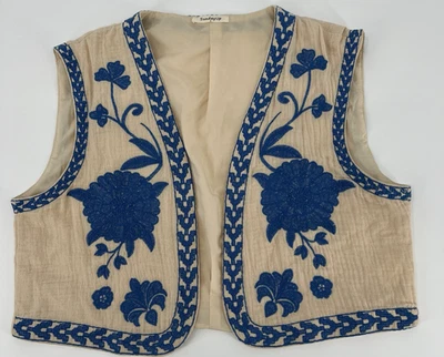 Chaleco Chaleco Boho Bordado Pequeño Azul Crema Folk Floral Gasa Festival Top Foto 1 de 4
