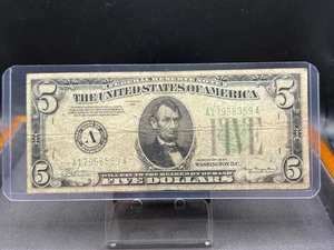 1934 - $5 Dollar Bills United States Lincoln Green Seal Currency Note - Picture 1 of 2