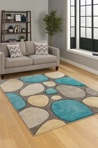 Moderner Vorleger mit Kieselmuster - türkis, beige und grau geometrisches Design Teppich f - Bild 1 von 4