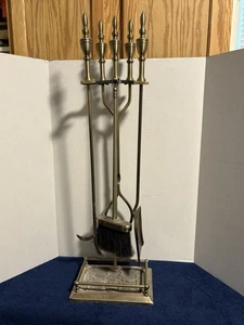 Vtg 5 Piece Brass Fireplace Tool Set Fire Poker Tongs Brush Shovel Stand - Decor - Picture 1 of 7