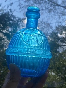 ANTIQUE PEACOCK BLUE HARDEN STAR HAND THROWN GLASS FIRE EXTINGUISHER BOTTLE - Picture 1 of 7