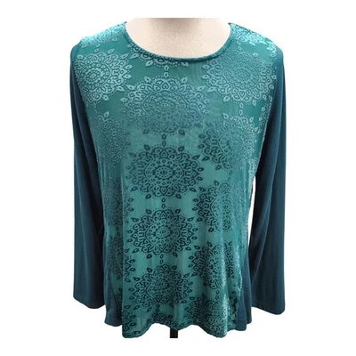 Great Northwest Indigo Shirt Women's LARGE Green Shiny Velvety Dressy Stretchy Foto 1 de 4