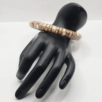 UNIQUE Gold Brass Brown Wood Resin Inlay PLUS SIZE Bangle Bracelet - Image 1 of 3