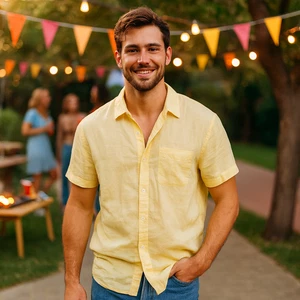 Gap Shirt Men M Butter Yellow Linen Blend Short Sleeve Button Up Camp Preppy Y2K - Picture 1 of 12