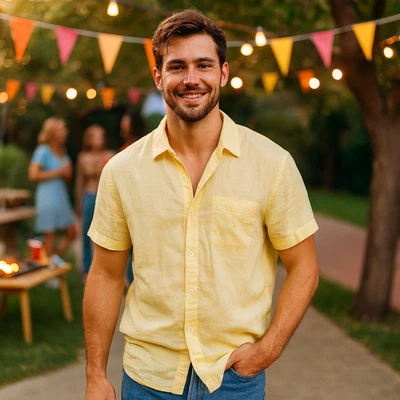 Gap Shirt Men M Butter Yellow Linen Blend Short Sleeve Button Up Camp Preppy Y2K - Image 1 of 4