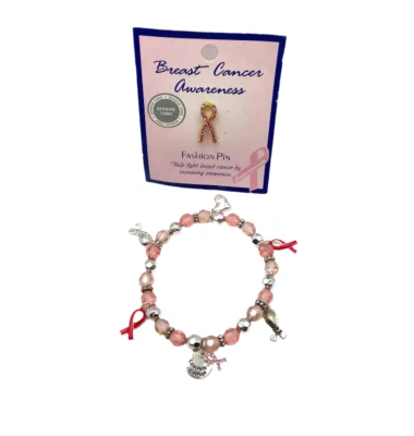 VTG Avon Pink Beaded Breast Cancer Awareness Ribbon Charm Bracelet & Pin Lot - Image 1 of 4