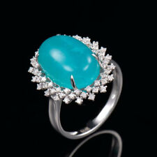 Natural Oval Cabochon Blue Amazonite Diamond Birthday Ring Solid 14K White Gold