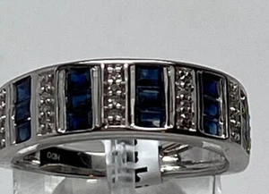 14K White Gold Baguette Cut Sapphire and Diamond Band Ring Size 7 New Natural - Picture 1 of 12