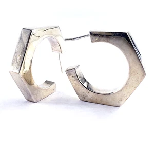 CFS 925 Vintage Sterling Silver Hexagon C Hoop Earrings Modernist 30X5MM Shape - Picture 1 of 6