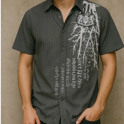 VTG Raw Blue Button Up Shirt Graphic Print Short Sleeve Casual Top Mens Size M - Image 1 of 4