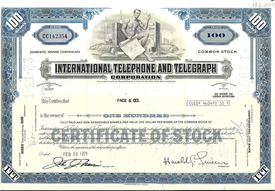 Certificado de stock International Telephone & Telegraph Corp. azul 100 acciones Foto 1 de 1