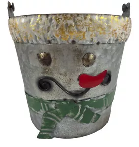 Snowman Metal Christmas Tin Pail Bucket Rustic Farmhouse 8” Tall Rusty Metal - Picture 1 of 6