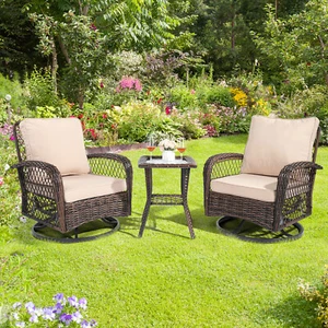 3 Pieces Outdoor Wicker Swivel Rocker Patio Set, 360-Degree Swivel Rocking Chair - Picture 1 of 11