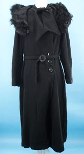 VTG Women's 30s Black Wool Coat W/ Fur Collar & Belt & Scarf Detail Sz S/M 1930s - Picture 1 of 24