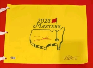Jon Rahm Sam Bennett Golf Autographed Signed 2023 MASTERS Pin Flag BECKETT - Picture 1 of 2