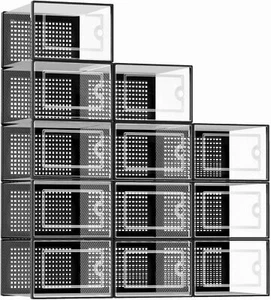 12 Pack X-Large Clear Shoe Storage Boxes - Stackable Organizer Bins, Black - Picture 1 of 9