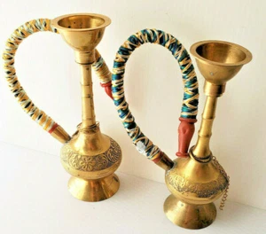 Vintage Set of 2 Brass Portable Hookah Pipe  Miniature Decorative Brass Single H - Picture 1 of 12