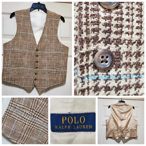 Polo Ralph Lauren Vest Men 42S BrownLinen Silk Plaid Houndstooth Waistcoat Italy - Picture 1 of 21