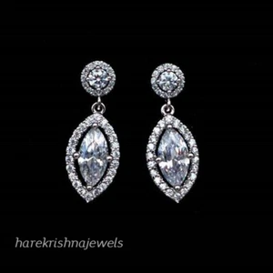 Marquise Cut 1.35CT Lab Created Diamond Halo Drop Earrings 14K White Gold Finish - Picture 1 of 4