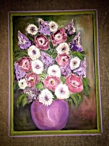 Jarrón vintage provincial francés lila peonía pensamiento violeta púrpura firmado IDA ❤️j8 - Imagen 1 de 11