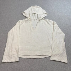 Roxy Shirt Woman M White Vneck Cropped Hoodie Ribbed Coastal Cottage Beach Gym - Picture 1 of 9