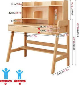 Kids Adjustable Desk with Drawer & Bookshelf, Solid Wood, Ergonomic Study Table - Picture 1 of 5
