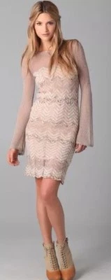 FREE PEOPLE Beige Soft Sweater Dress Short Knit Long Bell Sleeves Academia Sheer - Image 1 of 4