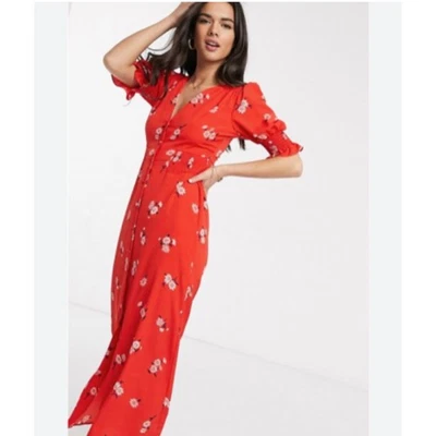 ASOS Floral Smocked Maxi Dress Womens Size 8 Red Daisy Button Front Midi - Image 1 of 4