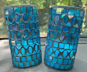 Set of 2 Battery Operated Decorative Blue Iridescent Mosaic LED Candle Holders - Picture 1 of 10