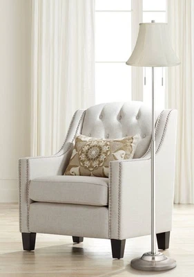 Abba Modern Floor Lamp 66" Tall Brushed Nickel Creme Fabric Bell Shade Bedroom - Image 1 of 3