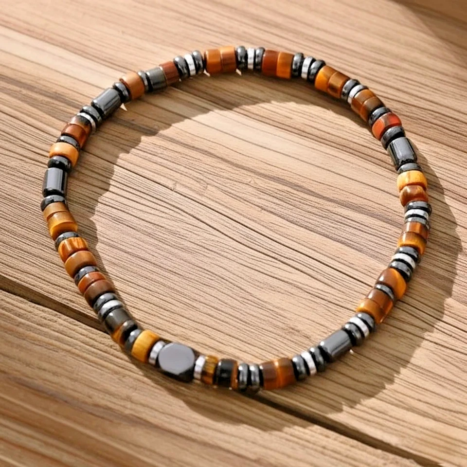 Pulsera elástica de hombre con cuentas de piedra de hematita ojo de tigre natural protección curativa Foto 1 de 3