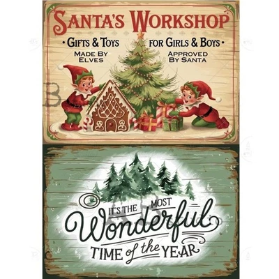A4 Decoupage Paper 2 SANTAS WORKSHOP SIGN, AB Studio Rice Paper Mulberry Craft - Image 1 of 4