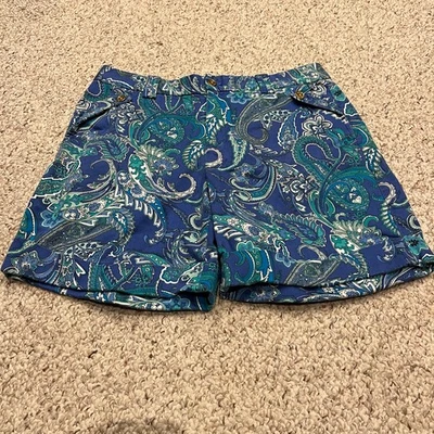 Ralph Lauren 佩斯利短裤 12 码女式棉混纺学院风休闲蓝色 — 第 1/4 张图片