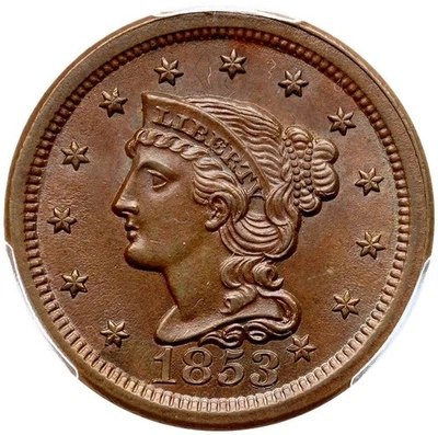 1853 N-20 R-3 PCGS MS 64 BN Braided Hair Large Cent Coin 1c - Image 1 of 3