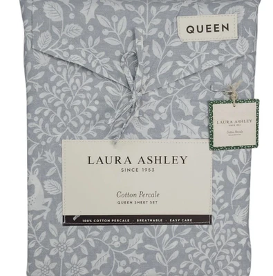 Laura Ashley Cotton Percale QUEEN Sheet Set Gray Deer Dance Holiday Print holly - Image 1 of 3