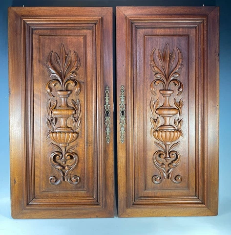 Pair Antique French Neoclassical Walnut Hutch,  Cabinet Doors, Cabinetry Panels Cover