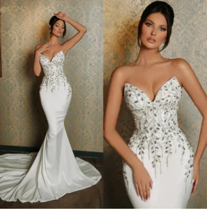 Classic Mermaid Wedding Dress Sweetheart Sleeveless Backless Bridal Gowns Sequin - Picture 1 of 9