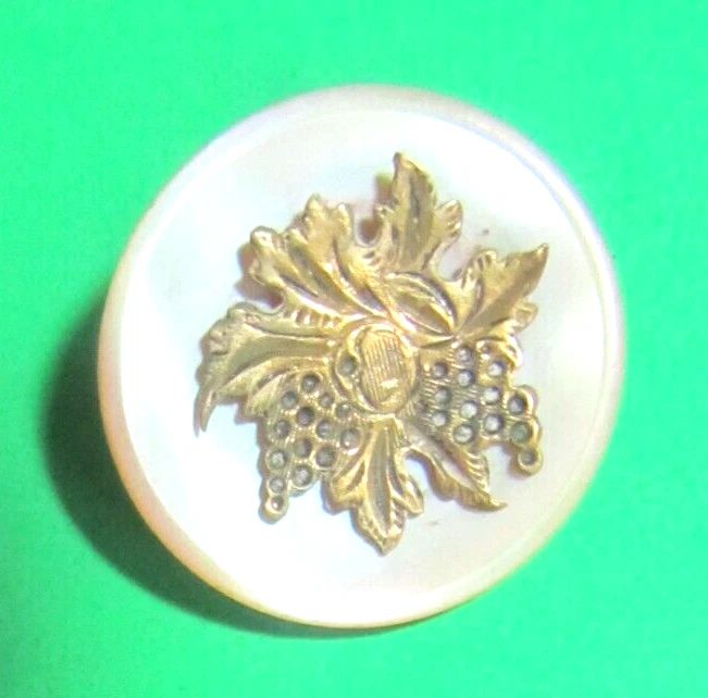 VINTAGE WHITE PEARL SHELL GRAPES LEAF PLANT LIFE METAL OME SHANK BUTTON-G113 - Image 1 of 2