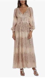 R&M RICHARDS Womens Gold Long Sleeve Maxi Sheath Evening Dress Petites Size: 4P - Picture 1 of 12