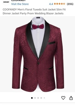 NUEVO Para Hombres Floral Esmoquin Chaqueta Paisley Mantón Solapa Traje Blazer M Vino Coofandy Foto 1 de 4