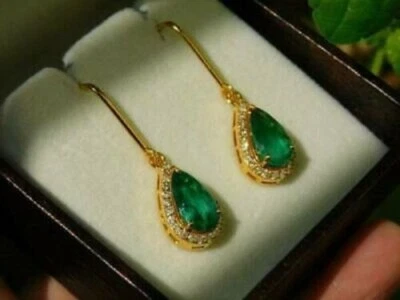 4Ct Pear Cut Simulated Emerald Diamond Drop Dangle Earrings 14K Yellow Gold Over - Image 1 of 4