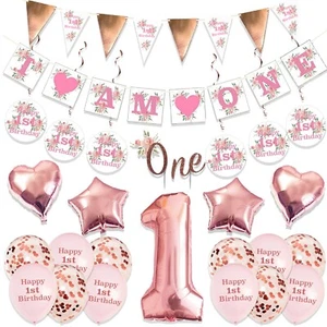 GIRLS 1ST BIRTHDAY DECORATIONS FIRST BANNER GARLAND BALLOONS CONFETTI BUNTING - Picture 1 of 8